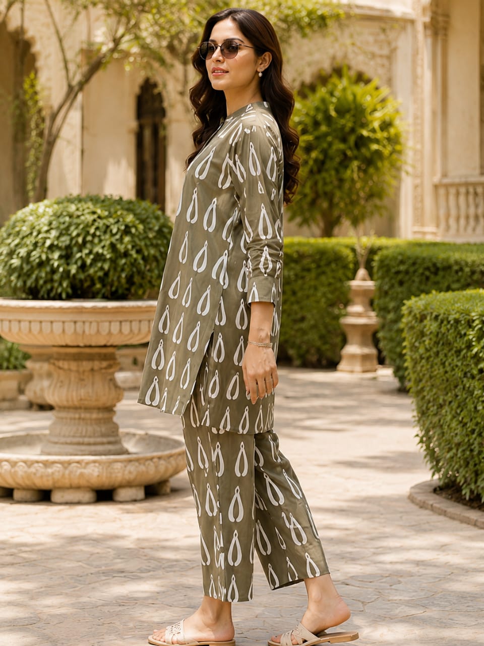 Women's Olive Green Printed Co-Ord Set | Shirt Style 32 Inch Top & Straight Pants | Premium Cotton Casual fusion Wear