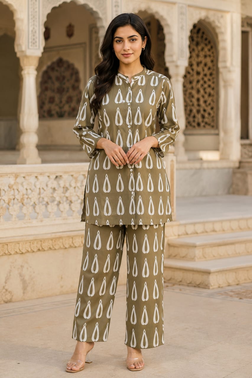Women's Olive Green Printed Co-Ord Set | Shirt Style 32 Inch Top & Straight Pants | Premium Cotton Casual fusion Wear