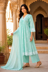 Sky Blue Embroidered Cotton Kurta pant Set with Dupatta for Women | Premium Ethnic Suit Set | Festive, Party & Office Wear |