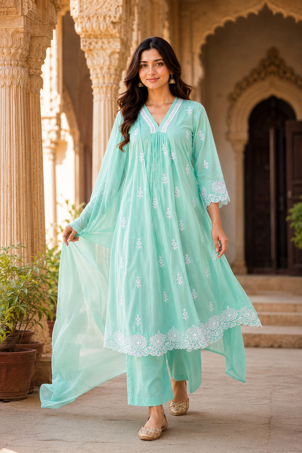 Sky Blue Embroidered Cotton Kurta pant Set with Dupatta for Women | Premium Ethnic Suit Set | Festive, Party & Office Wear |