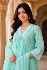 Sky Blue Embroidered Cotton Kurta pant Set with Dupatta for Women | Premium Ethnic Suit Set | Festive, Party & Office Wear |