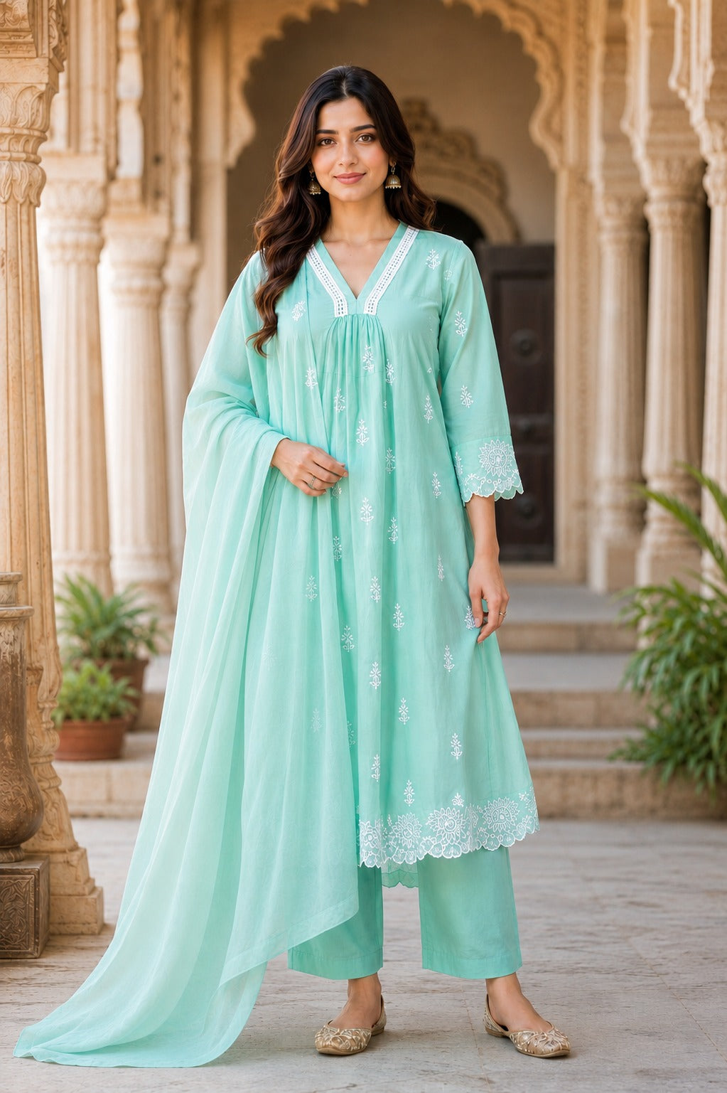 Sky Blue Embroidered Cotton Kurta pant Set with Dupatta for Women | Premium Ethnic Suit Set | Festive, Party & Office Wear |