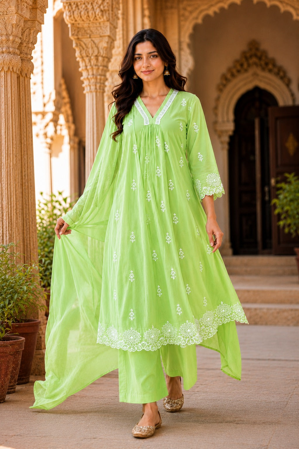 Lime Green Embroidered Cotton Kurta pant Set with Dupatta for Women | Elegant Ethnic Suit Set | Festive, Office & Casual Wear