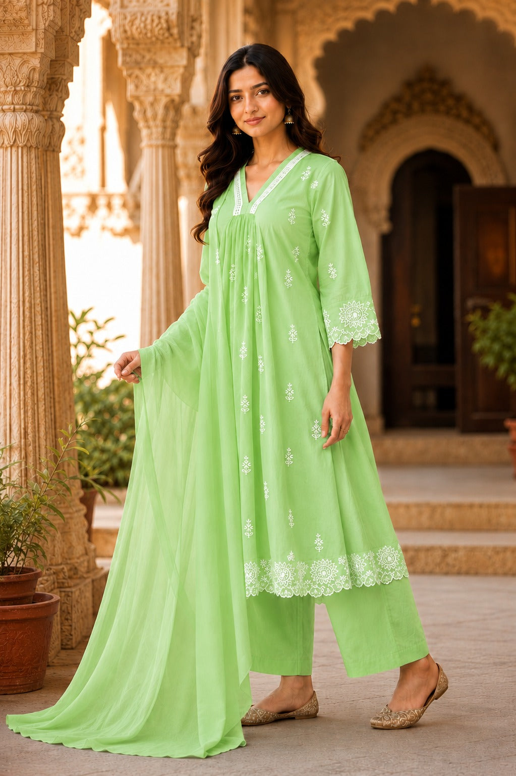 Lime Green Embroidered Cotton Kurta pant Set with Dupatta for Women | Elegant Ethnic Suit Set | Festive, Office & Casual Wear