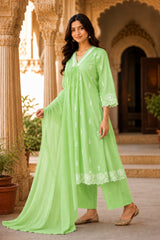 Lime Green Embroidered Cotton Kurta pant Set with Dupatta for Women | Elegant Ethnic Suit Set | Festive, Office & Casual Wear