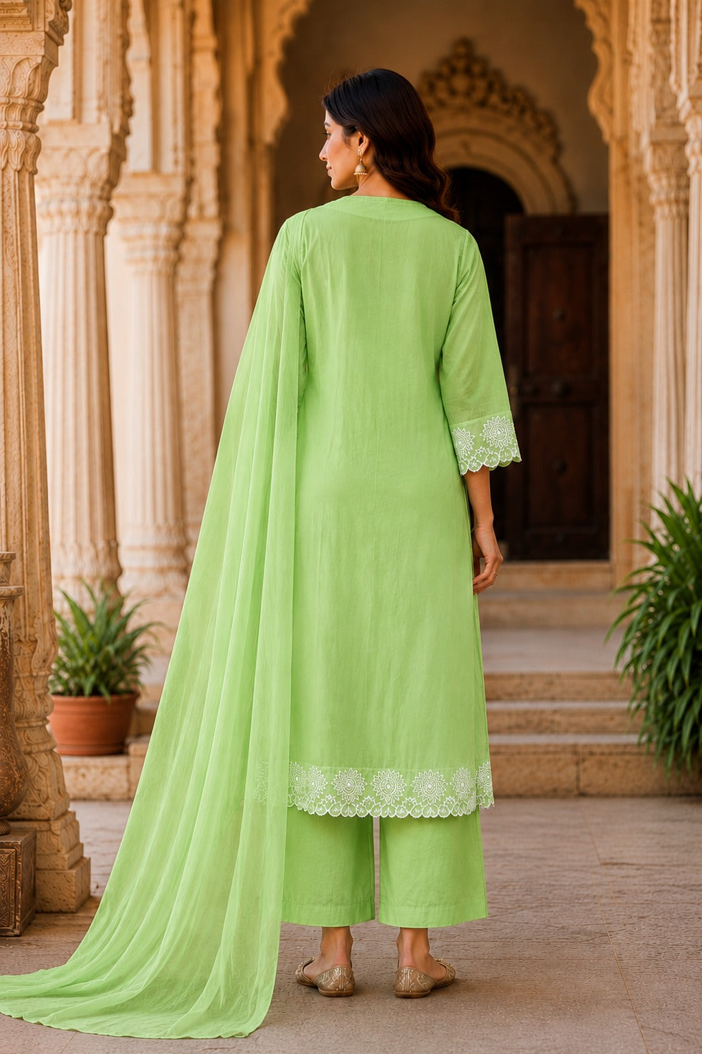 Lime Green Embroidered Cotton Kurta pant Set with Dupatta for Women | Elegant Ethnic Suit Set | Festive, Office & Casual Wear