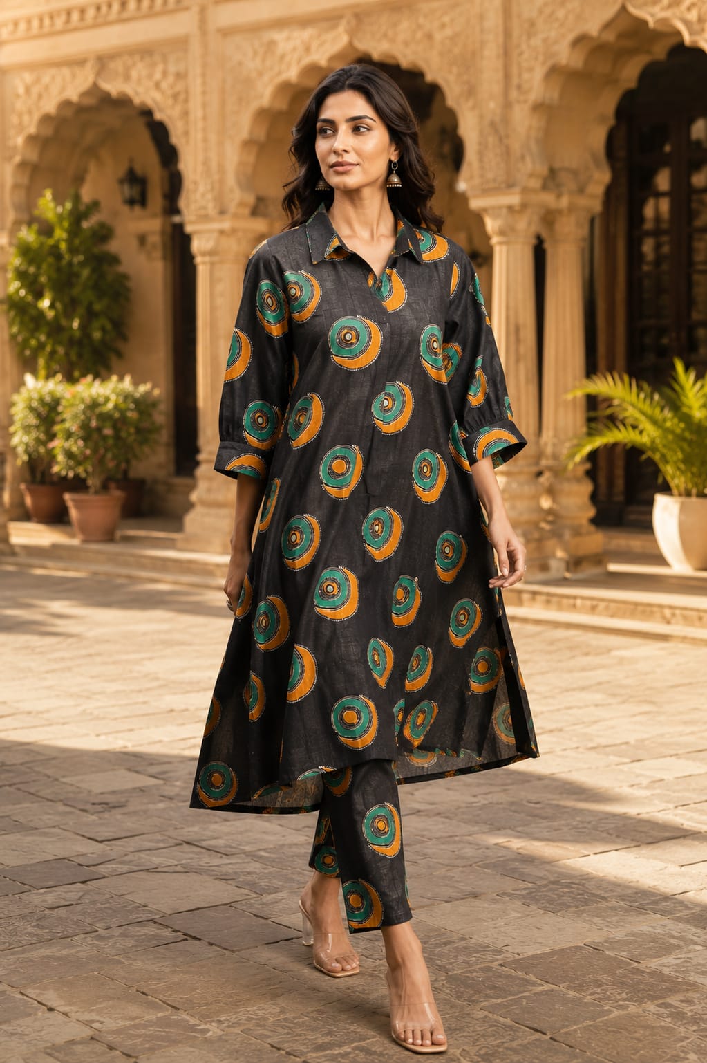 Women's Premium Cotton slub  Printed Co-Ord Set | Designer Shirt Style Kurta & Straight Pants | Soft Breathable Fabric | Erisha