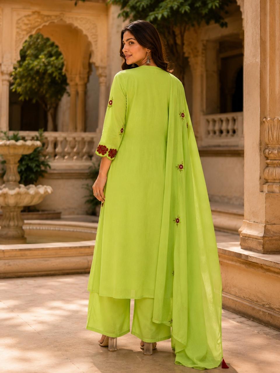 Erisha Lime Green Pure Cotton Embroidered Kurta pant sets with dupatta
