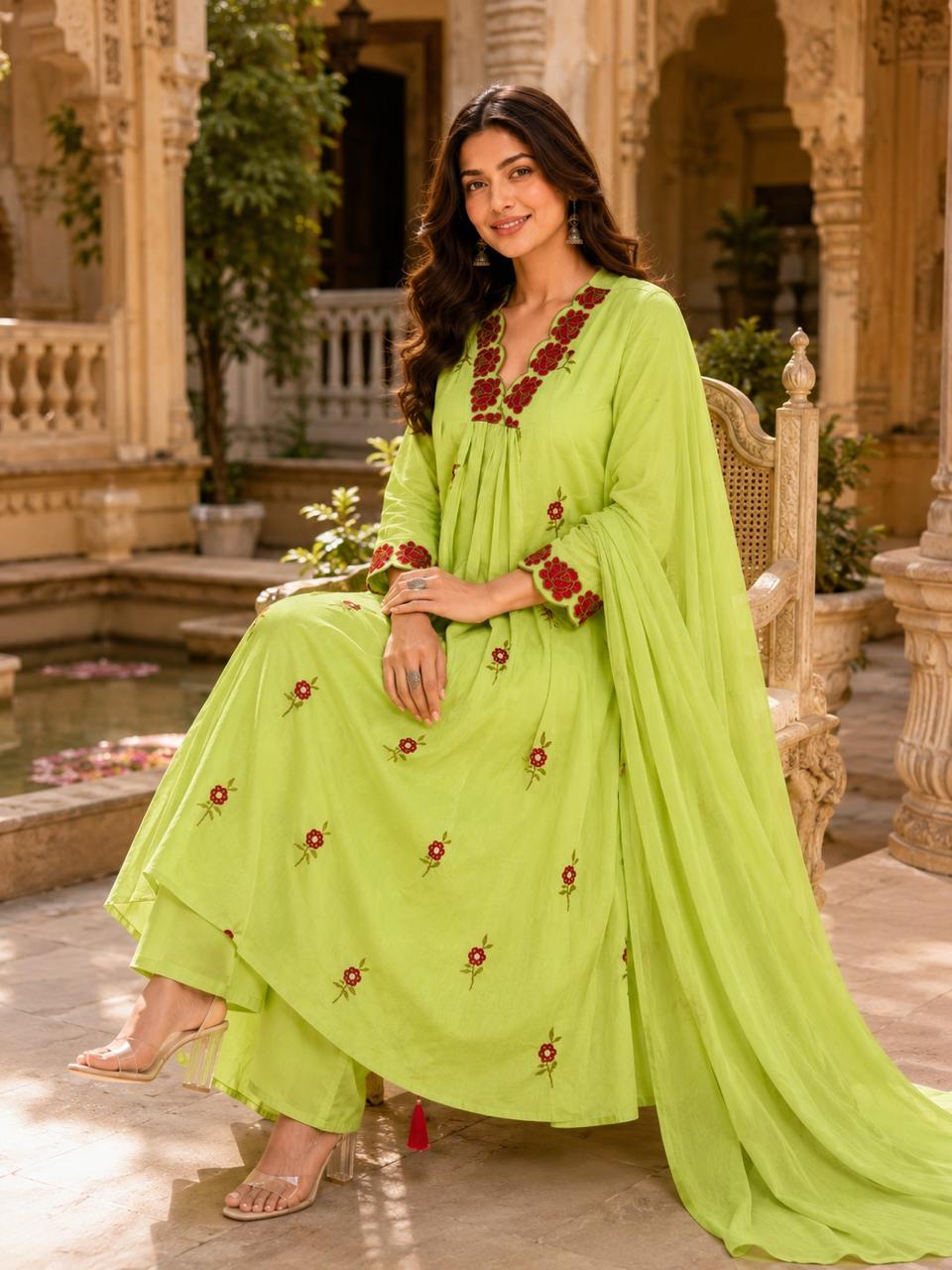 Erisha Lime Green Pure Cotton Embroidered Kurta pant sets with dupatta