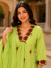 Erisha Lime Green Pure Cotton Embroidered Kurta pant sets with dupatta