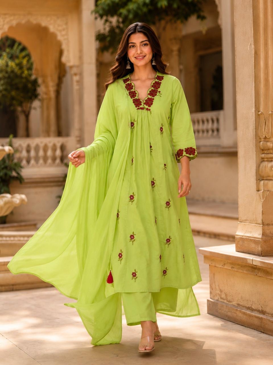 Erisha Lime Green Pure Cotton Embroidered Kurta pant sets with dupatta
