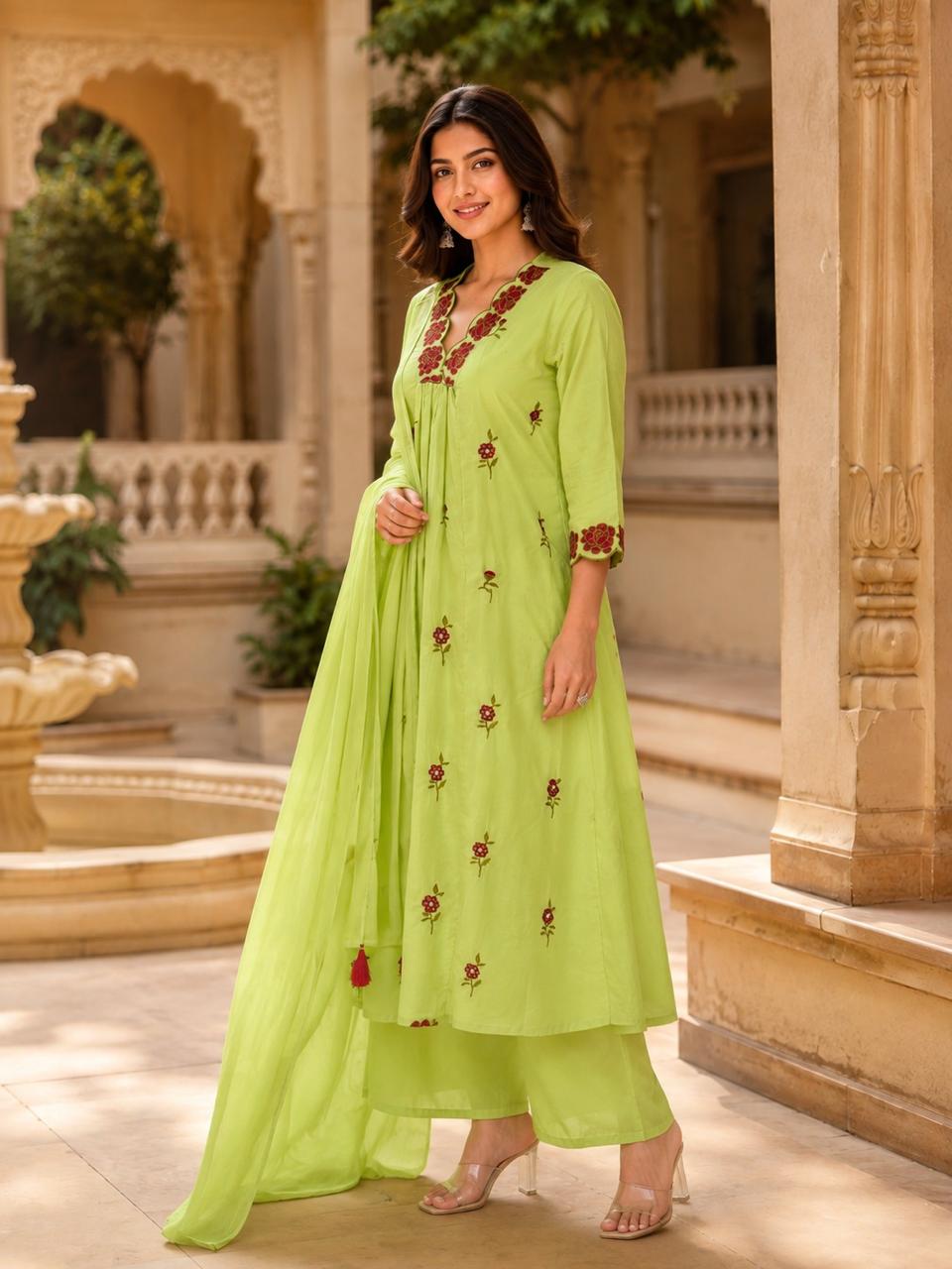 Erisha Lime Green Pure Cotton Embroidered Kurta pant sets with dupatta