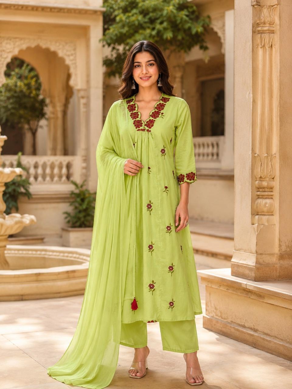 Erisha Lime Green Pure Cotton Embroidered Kurta pant sets with dupatta