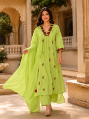 Erisha Lime Green Pure Cotton Embroidered Kurta pant sets with dupatta