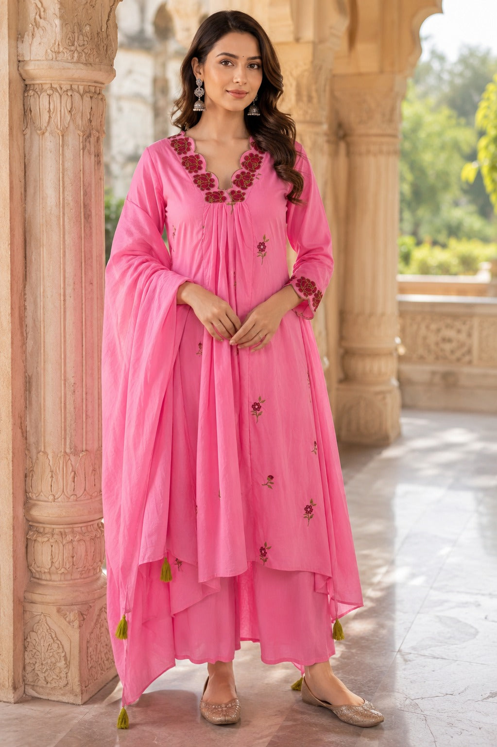Erisha Gulabi Noor Pure Cotton Embroidered Kurta Pant Dupatta Set for Women