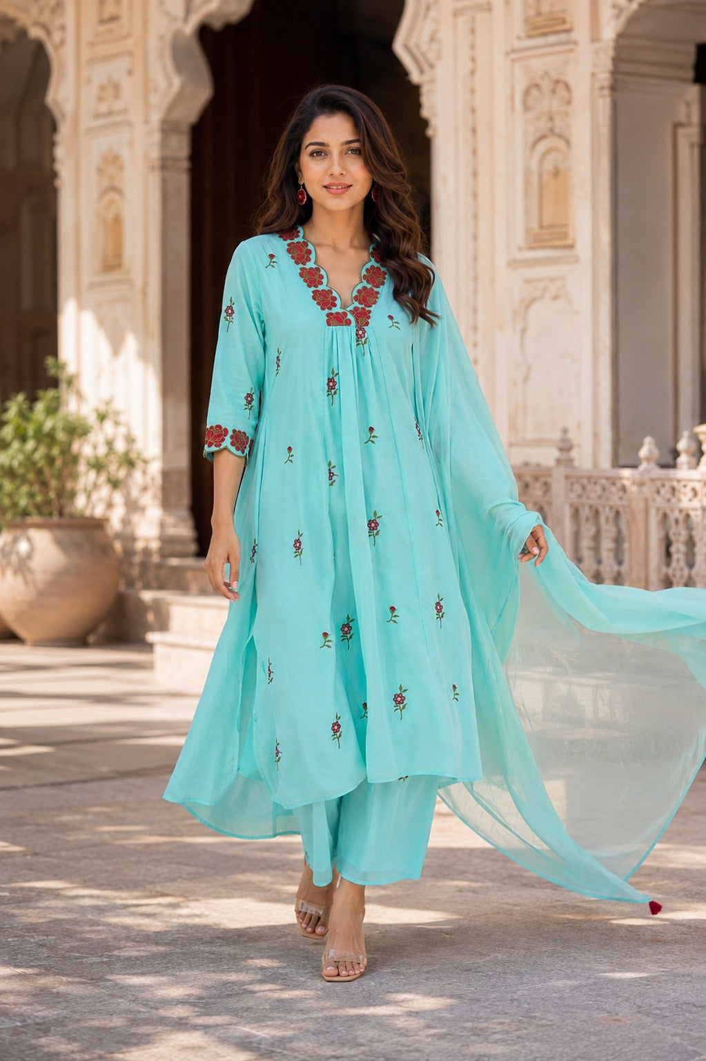 Erisha Aqua Blue Pure Cotton Floral Embroidered Kurta Pant Dupatta Set for Women
