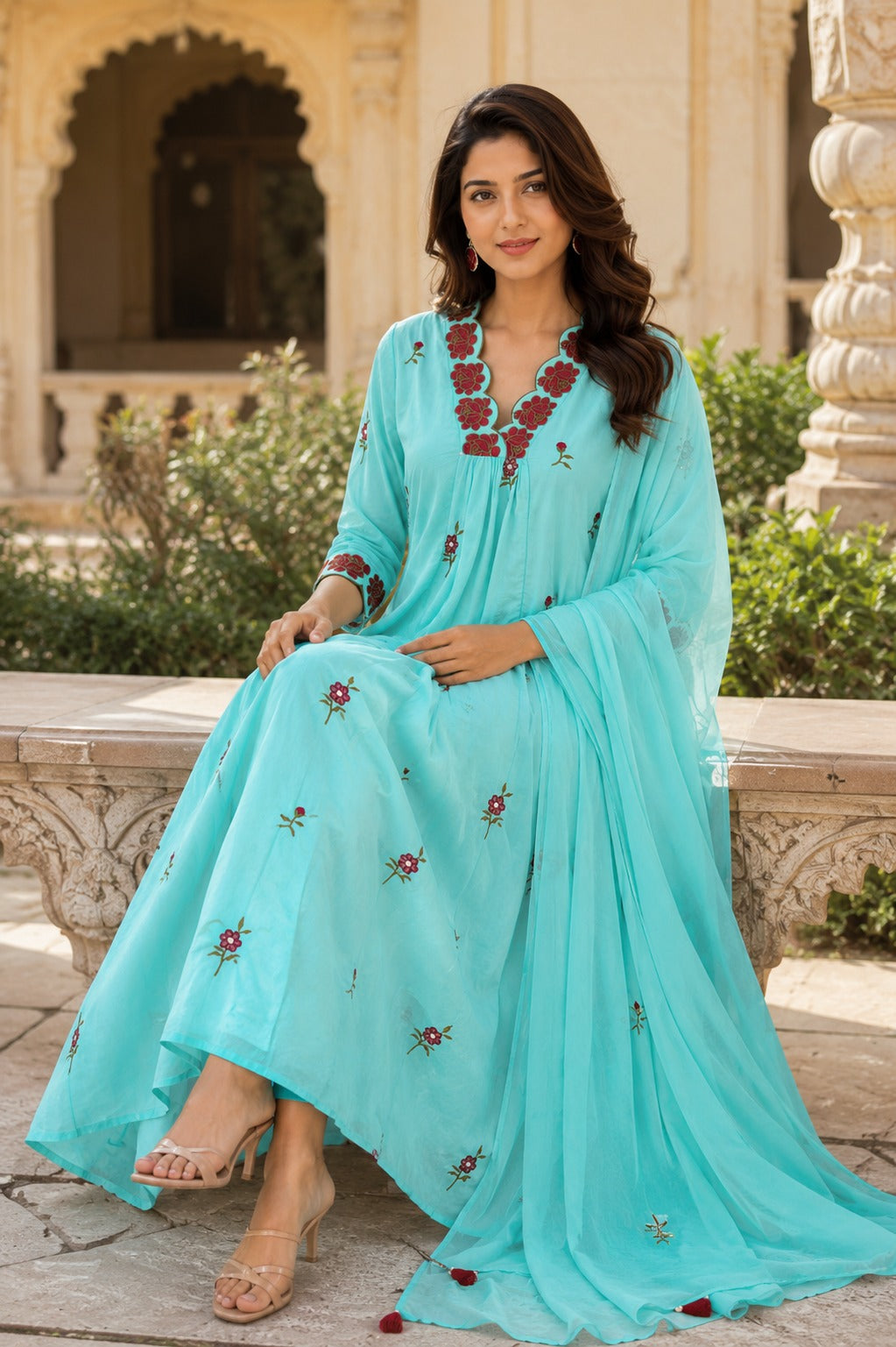 Erisha Aqua Blue Pure Cotton Floral Embroidered Kurta Pant Dupatta Set for Women