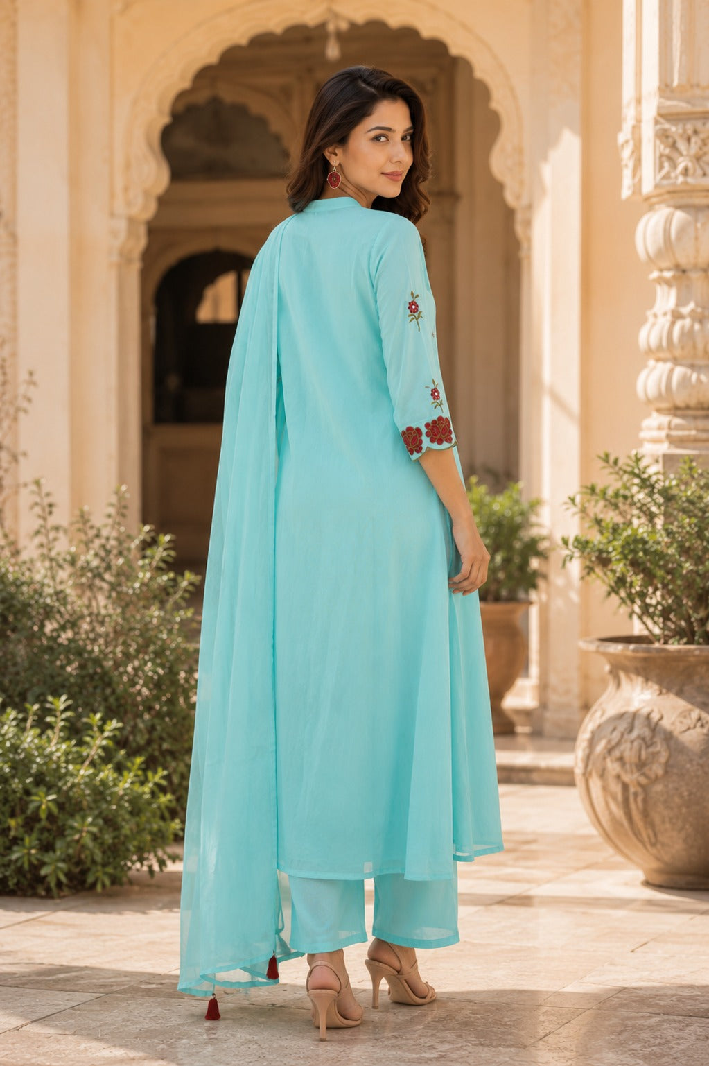 Erisha Aqua Blue Pure Cotton Floral Embroidered Kurta Pant Dupatta Set for Women