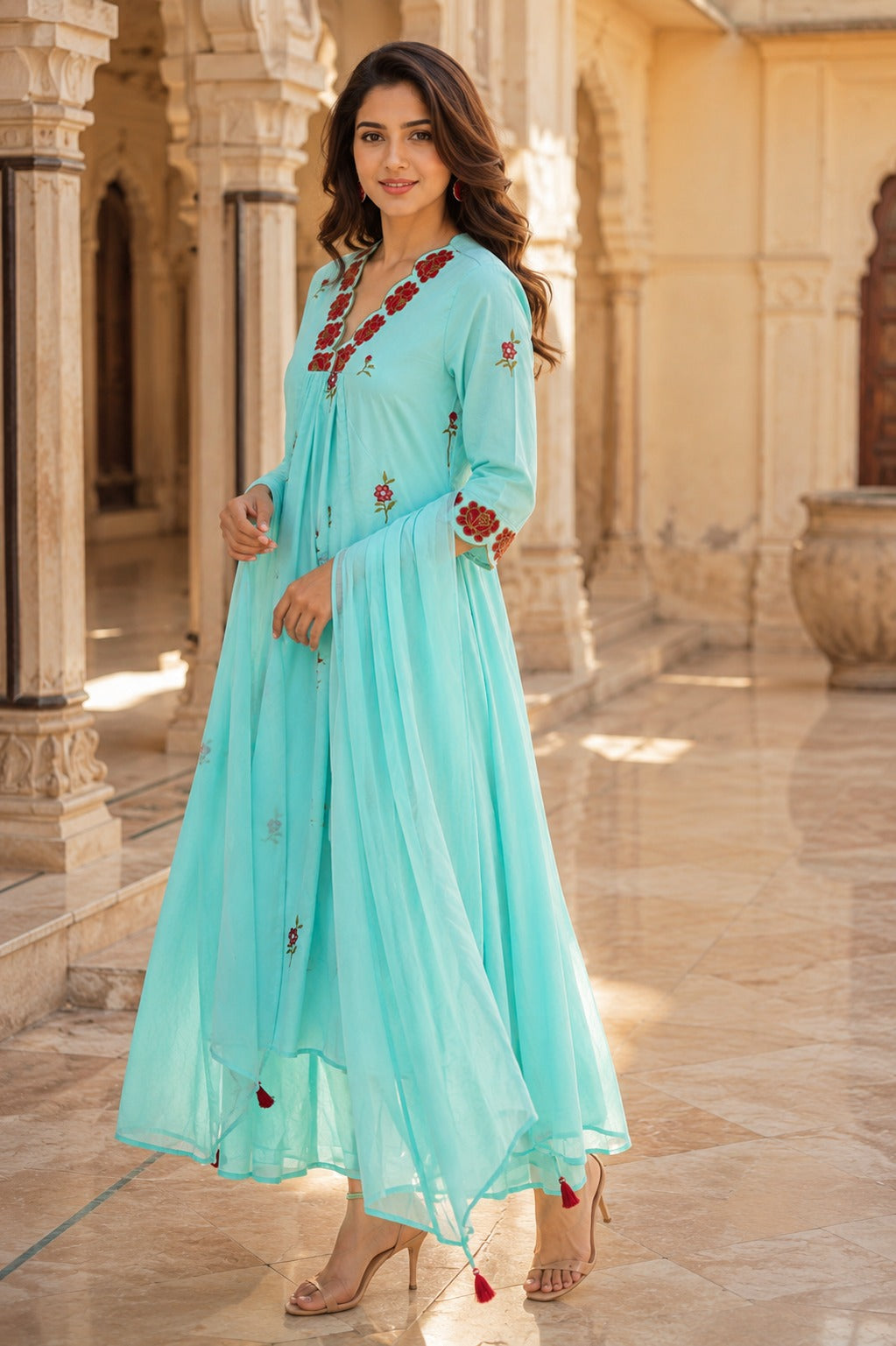 Erisha Aqua Blue Pure Cotton Floral Embroidered Kurta Pant Dupatta Set for Women