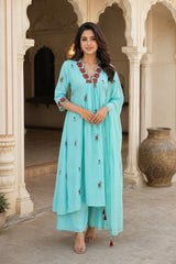 Erisha Aqua Blue Pure Cotton Floral Embroidered Kurta Pant Dupatta Set for Women