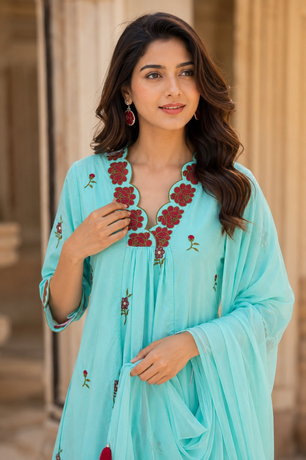 Erisha Aqua Blue Pure Cotton Floral Embroidered Kurta Pant Dupatta Set for Women