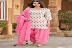 ERISHA Off-White Hand Block Printed Cotton Farshi Salwar Suit Set – 3 Piece