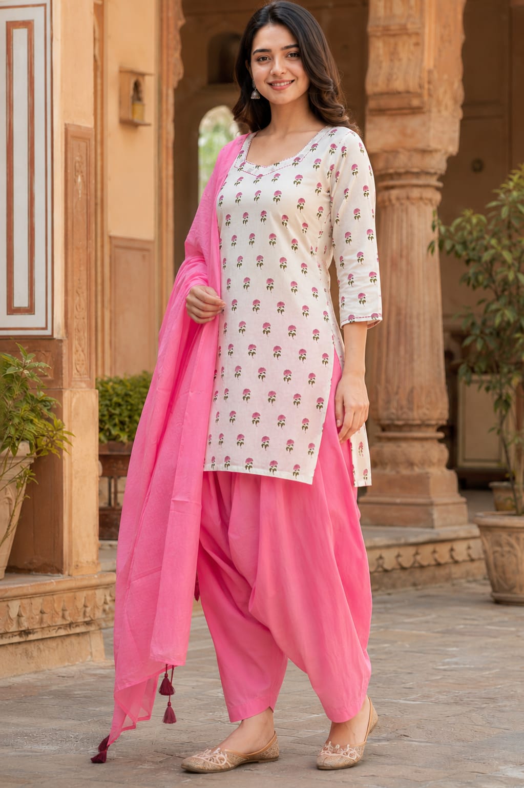 ERISHA Off-White Hand Block Printed Cotton Farshi Salwar Suit Set – 3 Piece