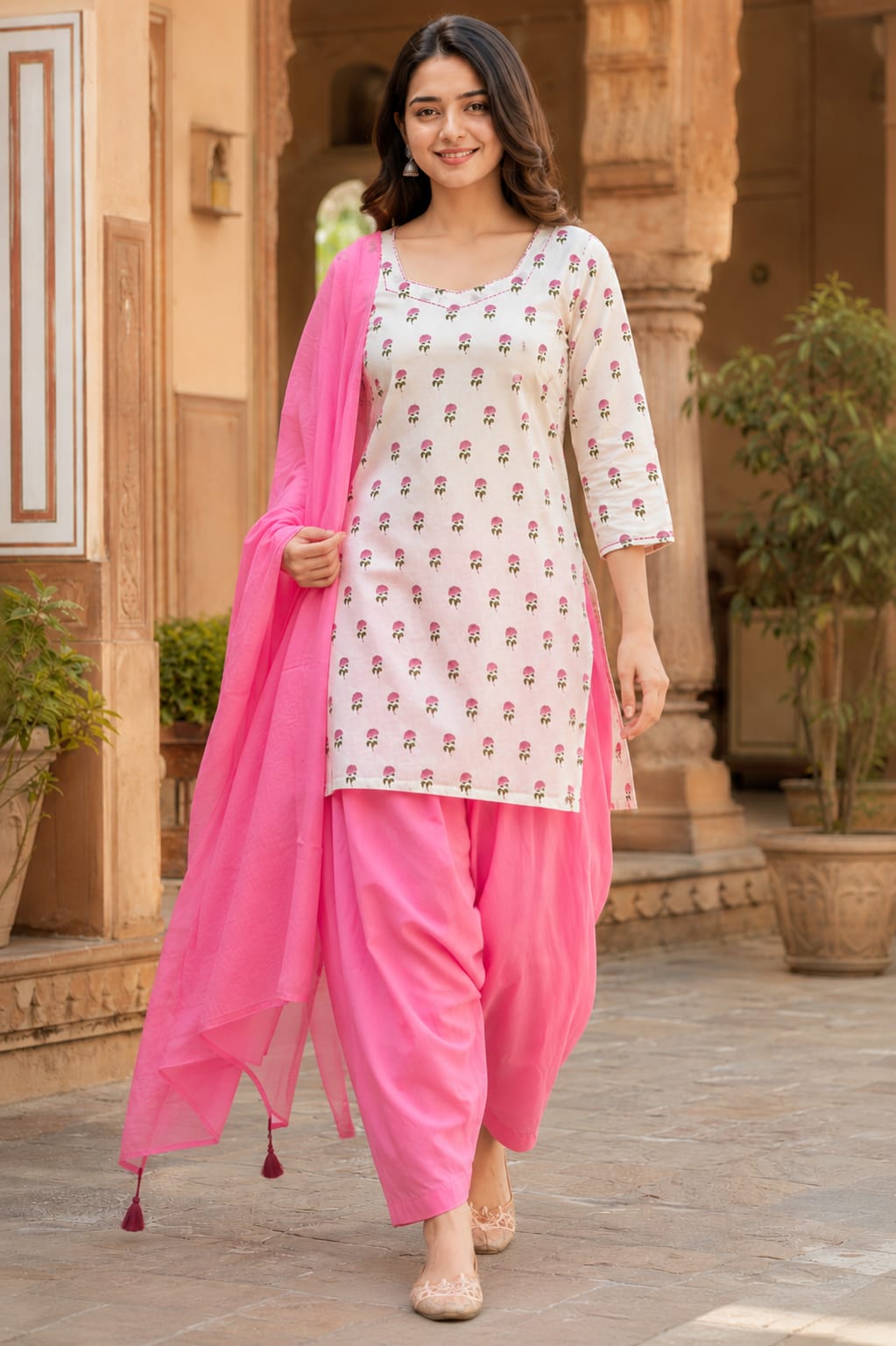 ERISHA Off-White Hand Block Printed Cotton Farshi Salwar Suit Set – 3 Piece