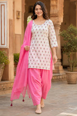 ERISHA Off-White Hand Block Printed Cotton Farshi Salwar Suit Set – 3 Piece