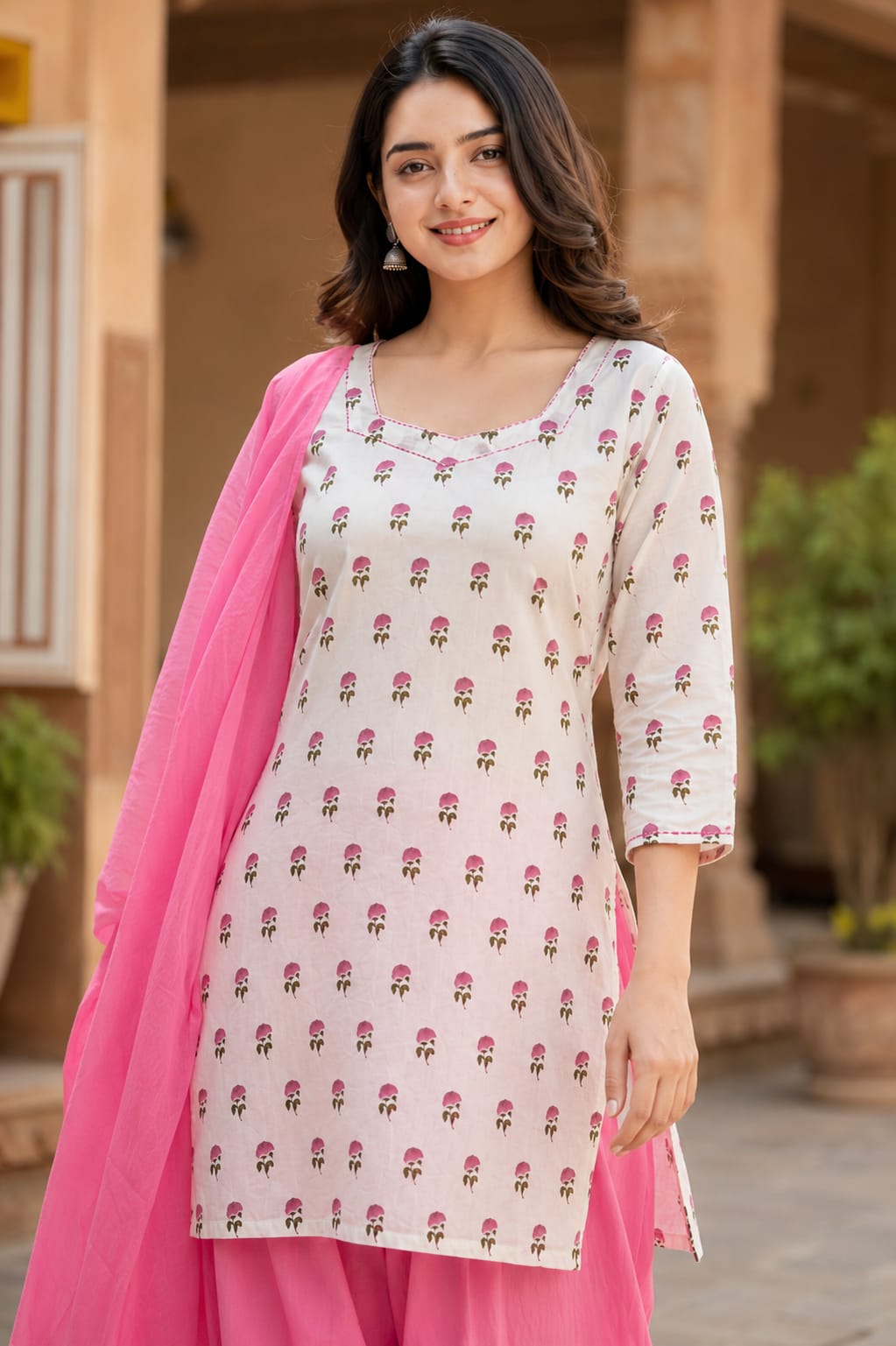 ERISHA Off-White Hand Block Printed Cotton Farshi Salwar Suit Set – 3 Piece