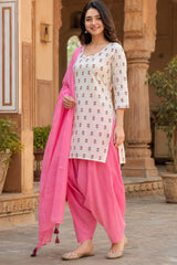 ERISHA Off-White Hand Block Printed Cotton Farshi Salwar Suit Set – 3 Piece