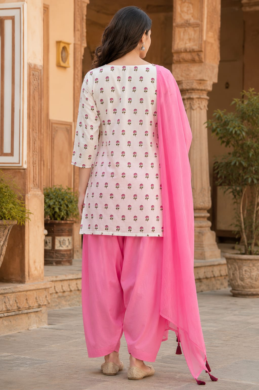 ERISHA Off-White Hand Block Printed Cotton Farshi Salwar Suit Set – 3 Piece