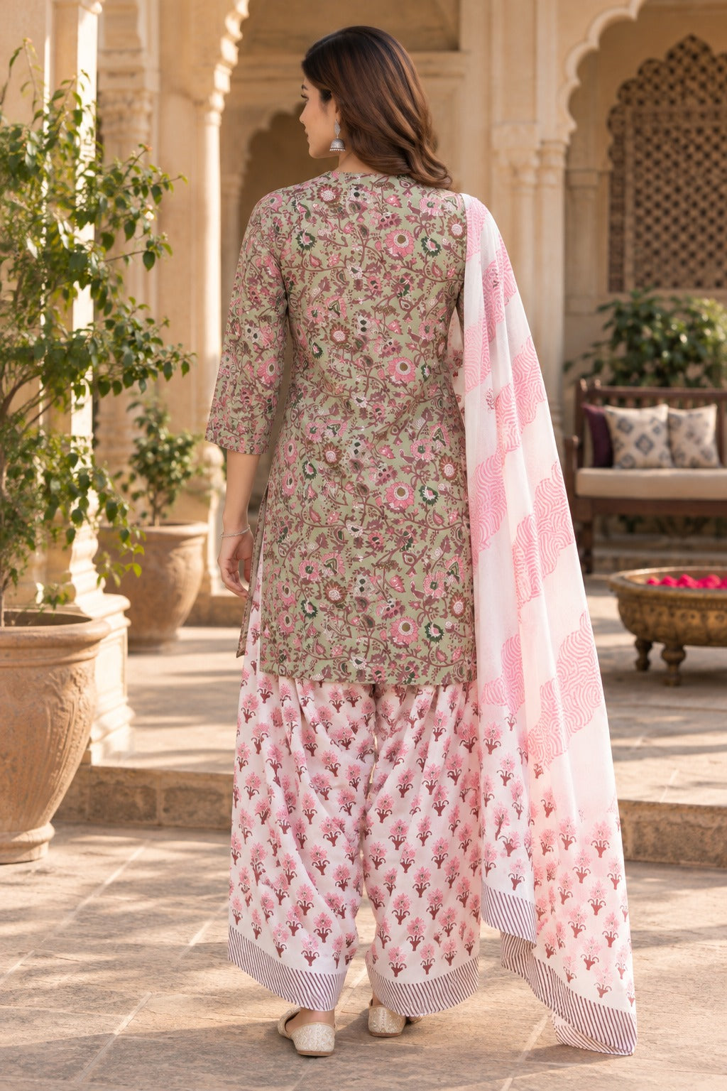 ERISHA Mehreen Floral Printed Farshi Salwar Suit Set with Dupatta – Sage Green & Pink