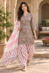 ERISHA Sage Green Floral Printed Farshi Salwar Suit Set with Dupatta