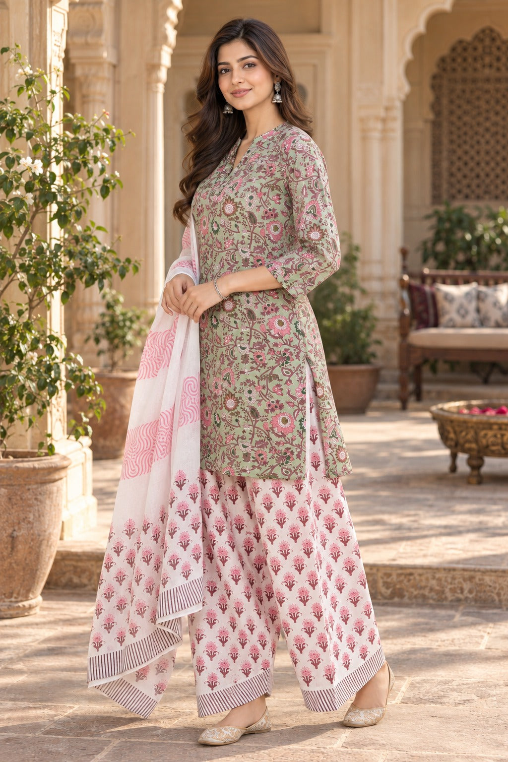 ERISHA Mehreen Floral Printed Farshi Salwar Suit Set with Dupatta – Sage Green & Pink
