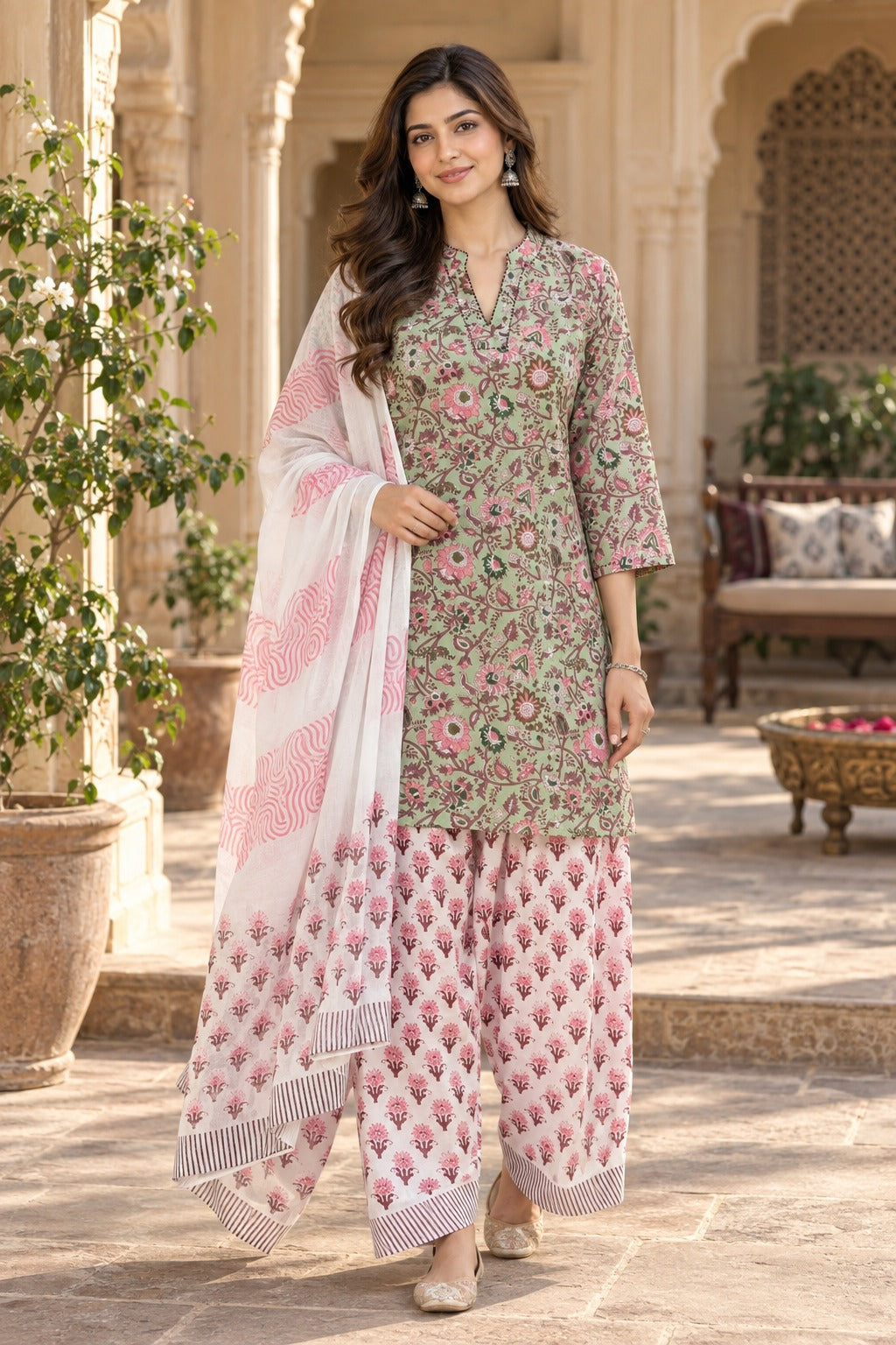 ERISHA Mehreen Floral Printed Farshi Salwar Suit Set with Dupatta – Sage Green & Pink