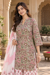 ERISHA Mehreen Floral Printed Farshi Salwar Suit Set with Dupatta – Sage Green & Pink