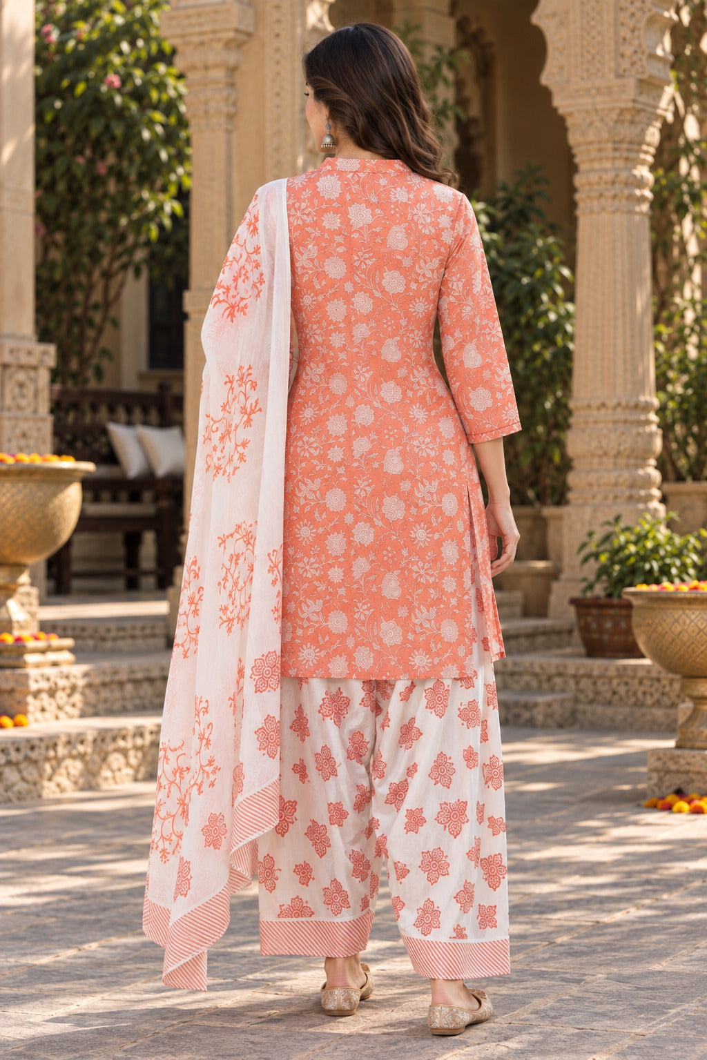 ERISHA Coral Orange Floral Printed Farshi Salwar Suit Set with Dupatta