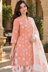 ERISHA Coral Orange Floral Printed Farshi Salwar Suit Set with Dupatta