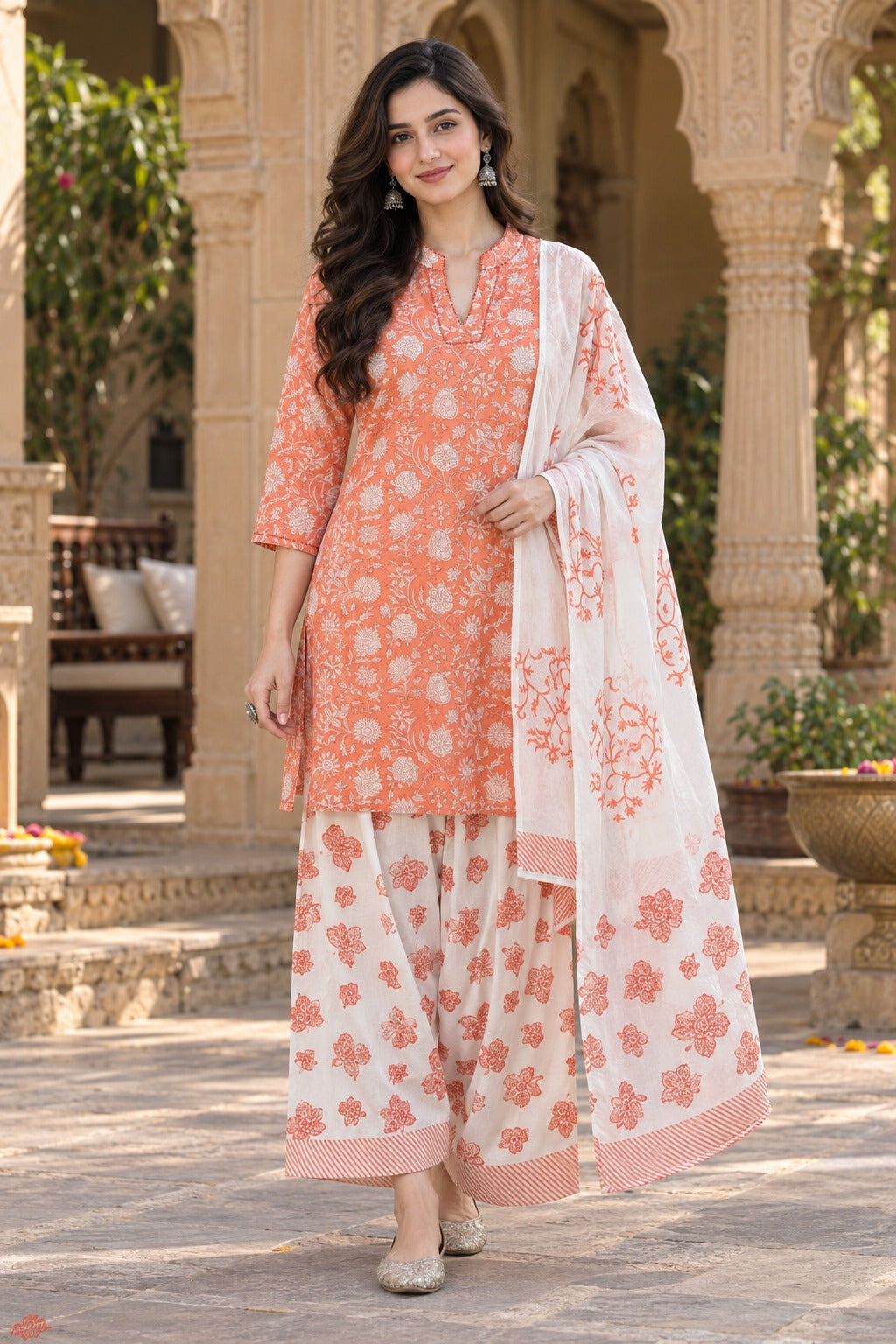 ERISHA Coral Orange Floral Printed Farshi Salwar Suit Set with Dupatta