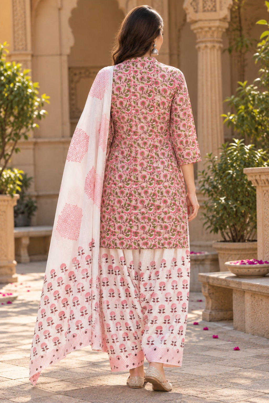 ERISHA Gulabi Pink Hand Block Printed Farshi Salwar Suit Set with Dupatta