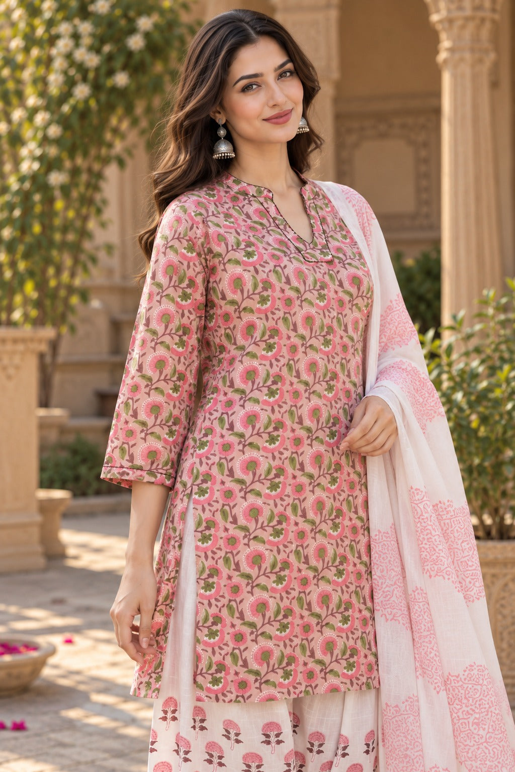ERISHA Gulabi Pink Hand Block Printed Farshi Salwar Suit Set with Dupatta