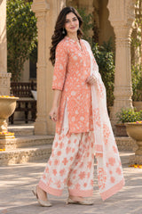 ERISHA Coral Orange Floral Printed Farshi Salwar Suit Set with Dupatta