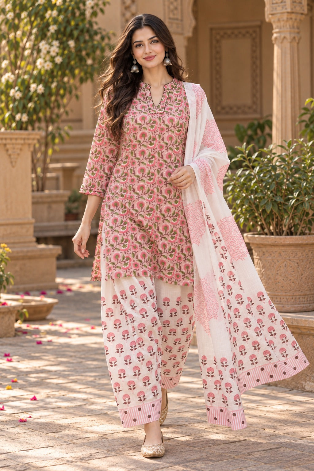 ERISHA Gulabi Pink Hand Block Printed Farshi Salwar Suit Set with Dupatta