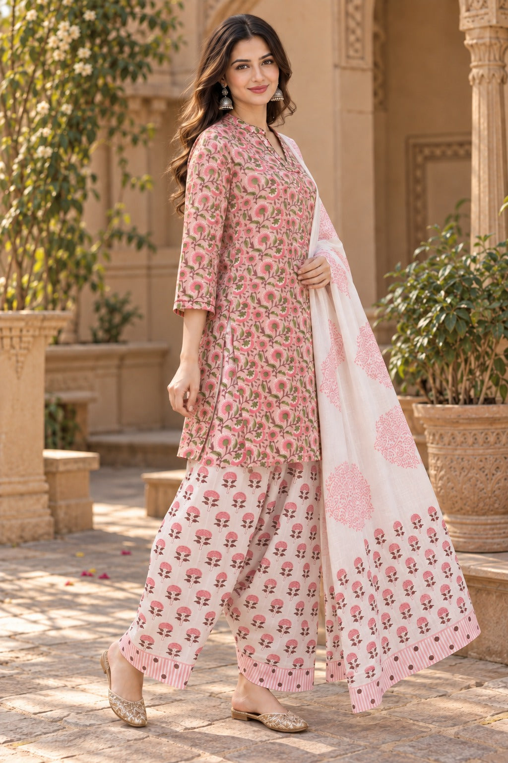 ERISHA Gulabi Pink Hand Block Printed Farshi Salwar Suit Set with Dupatta