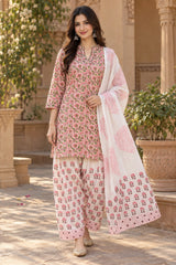 ERISHA Gulabi Pink Hand Block Printed Farshi Salwar Suit Set with Dupatta