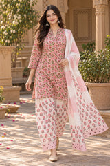 ERISHA Gulabi Pink Hand Block Printed Farshi Salwar Suit Set with Dupatta
