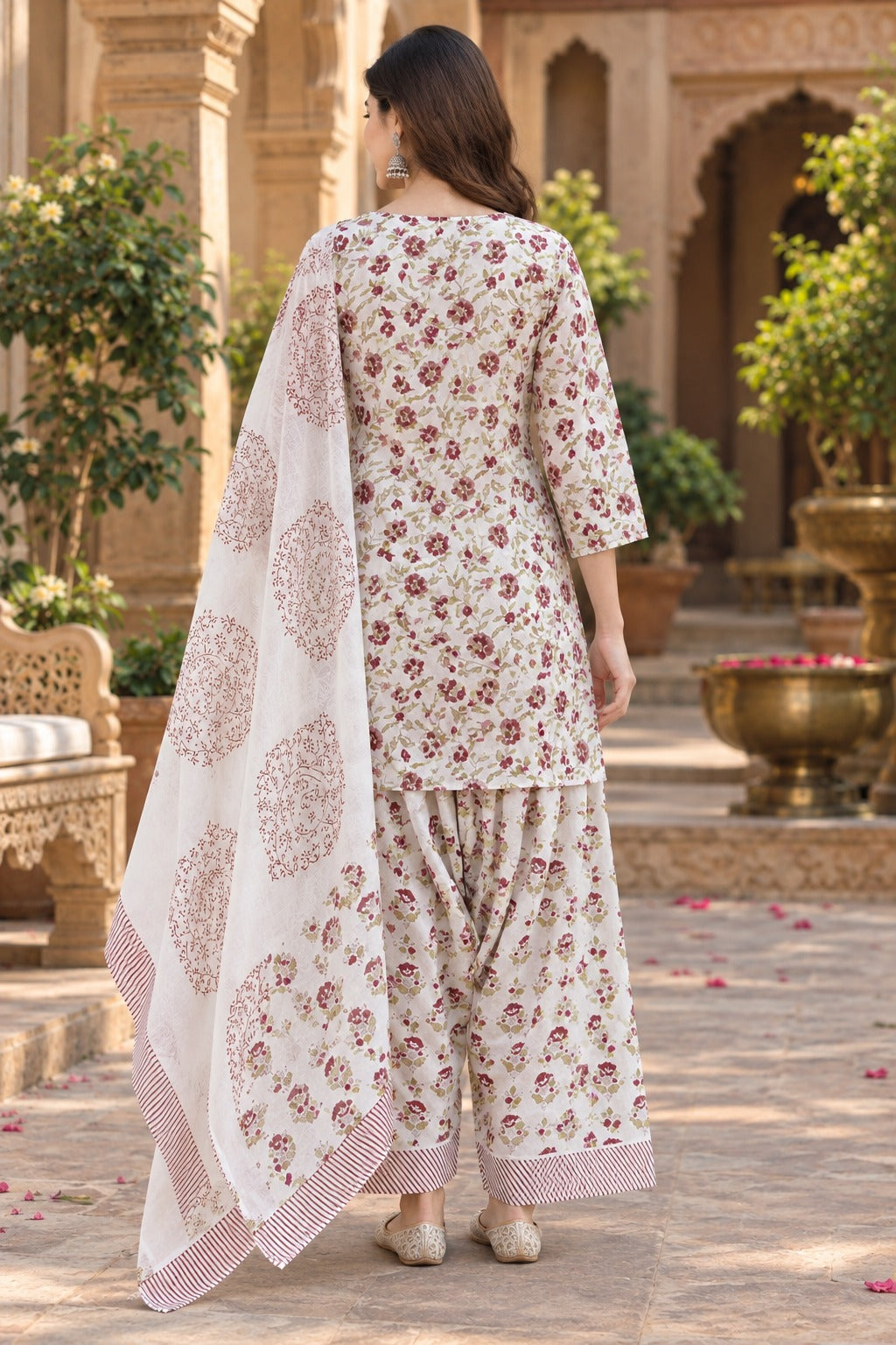 ERISHA Aarohi Ivory Floral Printed Farshi Salwar Suit Set with Dupatta