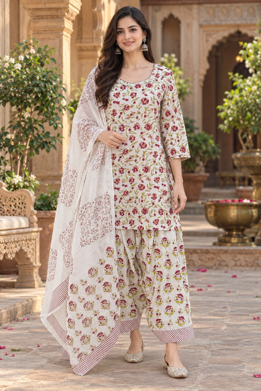 ERISHA Aarohi Ivory Floral Printed Farshi Salwar Suit Set with Dupatta
