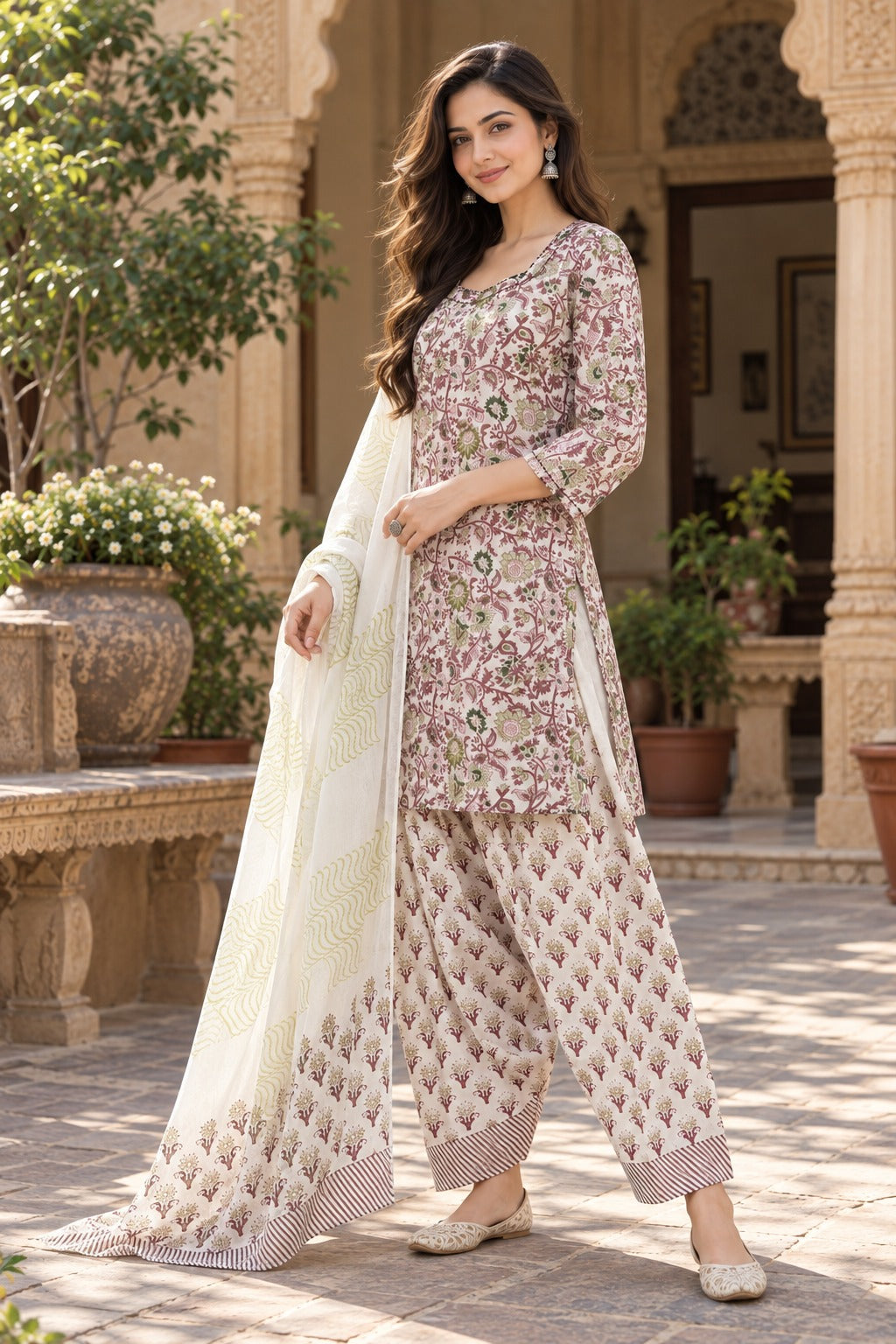 ERISHA Meher Ivory Floral Printed Farshi Salwar Suit Set with Dupatta